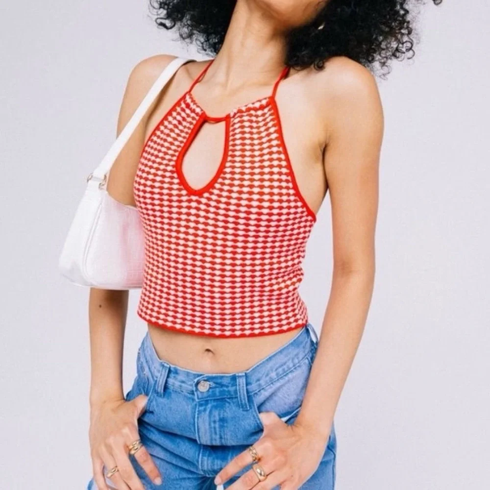 ZARA crochet halter tie crop top! Sleeveless red and white - Picture 7 of 11
